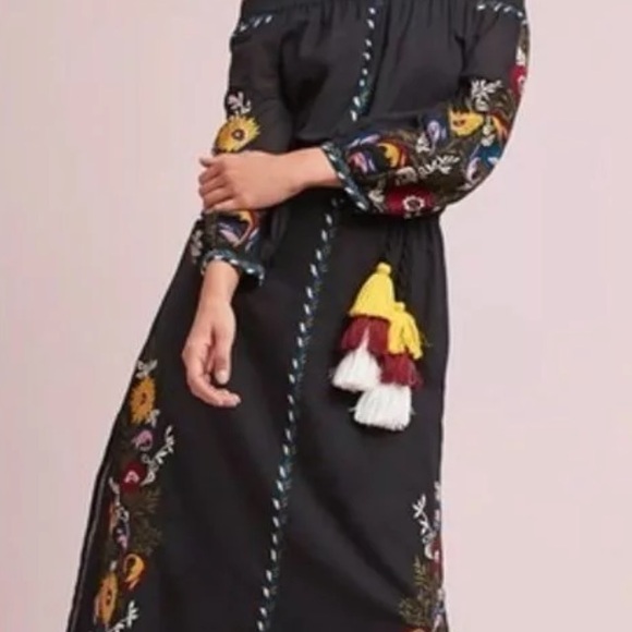 Anthropologie Misa Seine Embroidered Black Off the Shoulders Midi Dress.  Medium - Picture 7 of 12